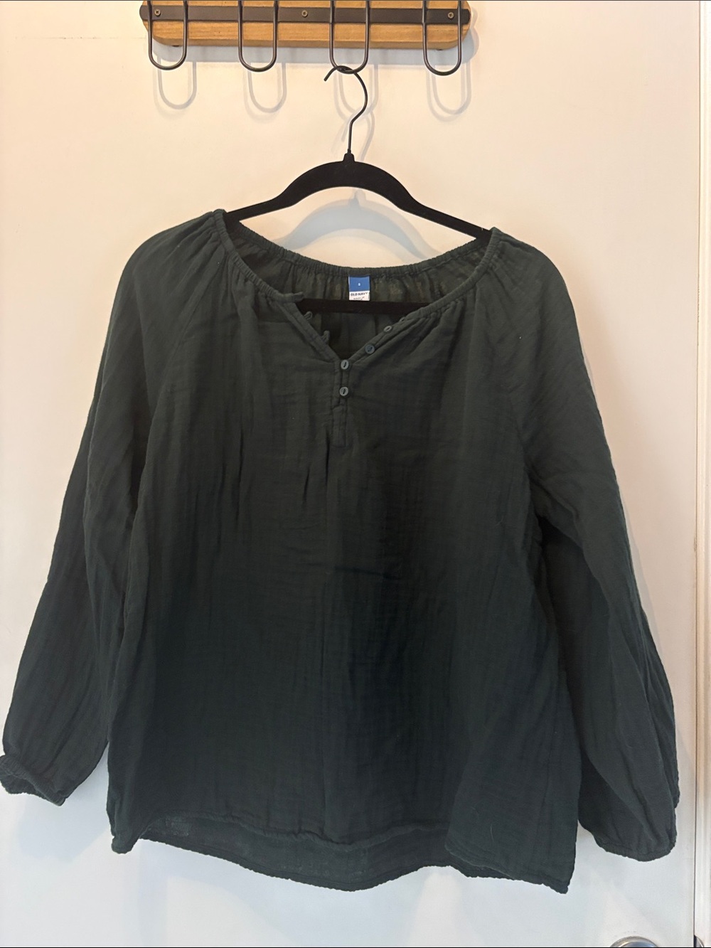Women's Dark Green Peasant Blouse with Button Placket Cottagecore Boho Size S